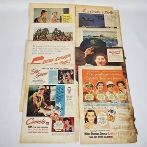 8 WWII Era 40s Camels Lucky Strike Chesterfield Magazine Advertisements